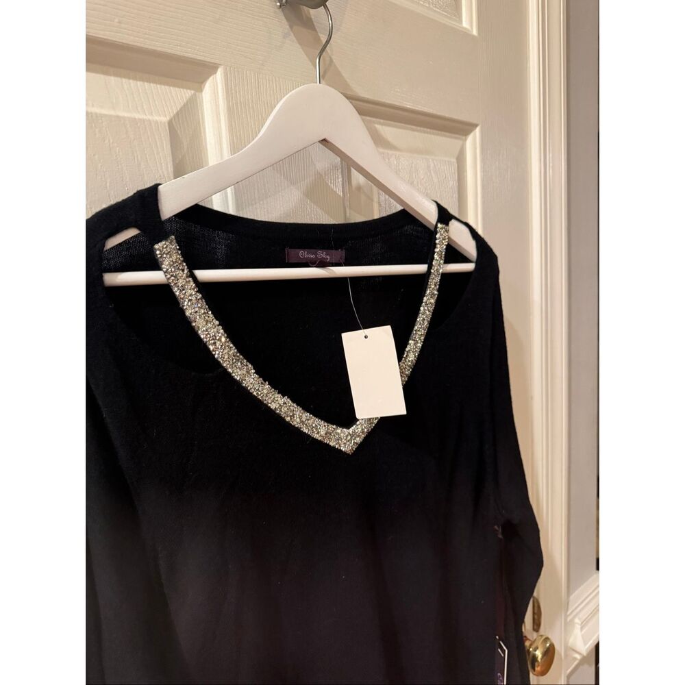 Olivia Sky Black Shoulder Slit Silver Embellished Sweater sz 1X NWT - Picture 3 of 8